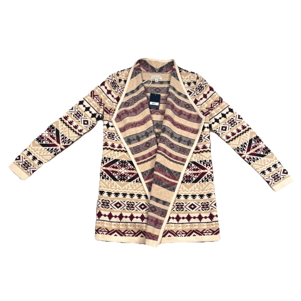 Lucky Brand Womens Cardigan Aztec Print‎ Jacquard Open Front NWT Size Small New